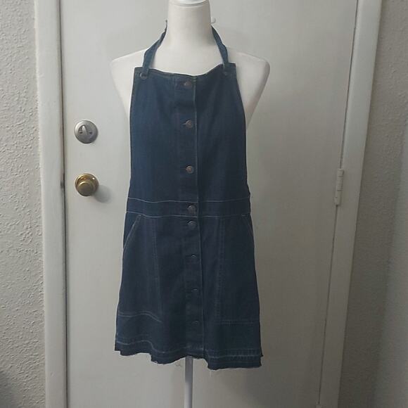 AÈ American Eagle Raw Hem Denim Halter Coverall Dress L Classic Preppy Festival - Picture 2 of 9